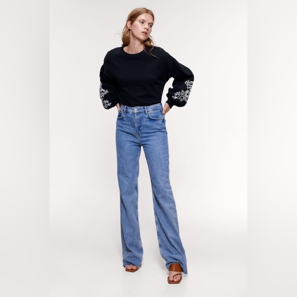 Zara Embroidered Bell Sleeve Cropped Sweatshirt in Black Size S